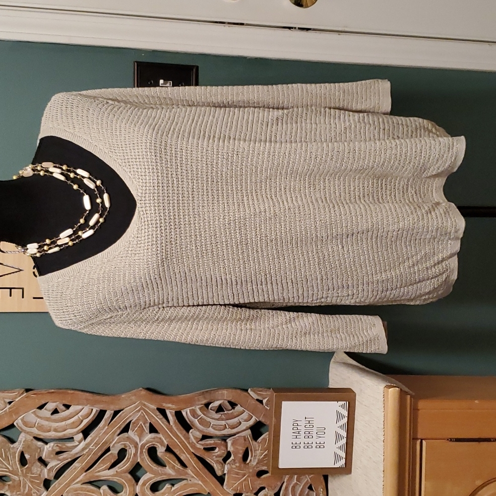 J Jill Linen Blend Open Knit V Neck Sweater Tan Size XL